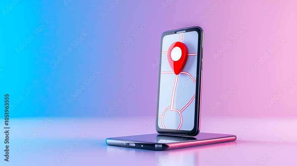 Poster smartphone displaying location on map with navigation pin in modern design