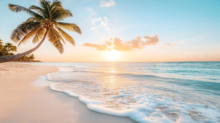 A palm tree leans over a sandy beach with waves lapping at the shore as the sun sets over the ocean.