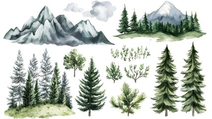 Fototapeta premium Watercolor Mountain Landscape Forest Trees Clipart Nature Illustration Set