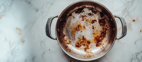 A worn, dirty pan sits on a marble surface, showcasing remnants of food and grease, reflecting signs of heavy use and the need for cleaning.