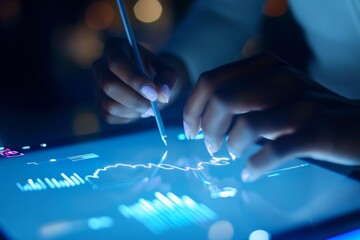 Close-up of hands using a digital tablet for data analysis with glowing graphs and charts, showcasing modern technology in a dark office environment.