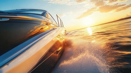 Obraz premium A sleek boat cuts through sparkling waters at sunset, creating waves under a vibrant sky.