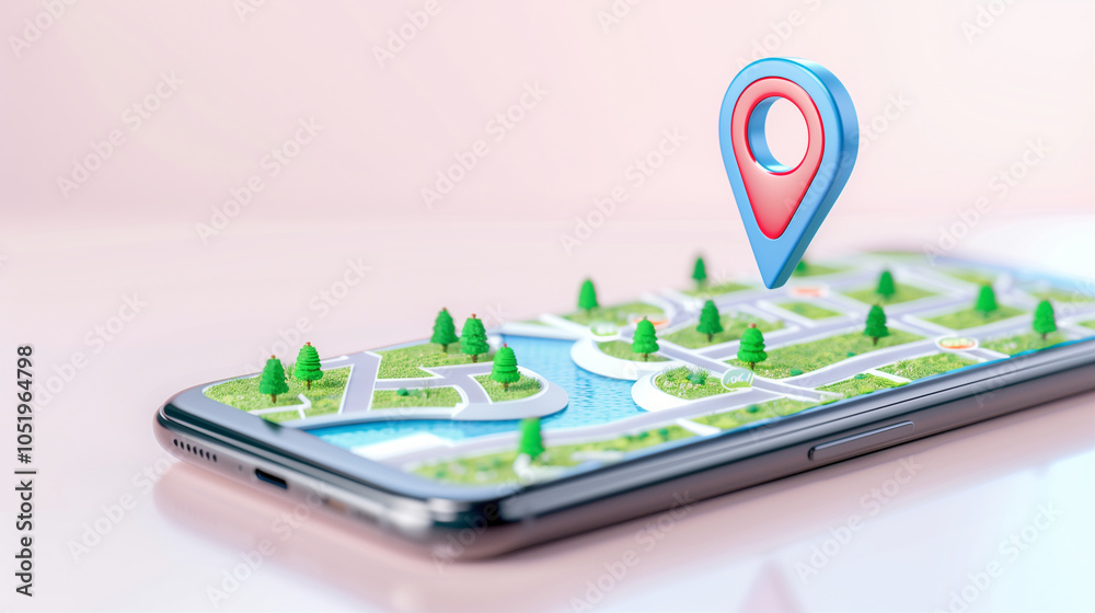 Poster smartphone displaying interactive map with location pin digital navigation design technology and tra