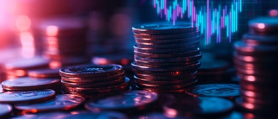 Close-up of stacked coins with colorful financial graphs, representing investment growth and cryptocurrency trends in a dynamic economic environment.