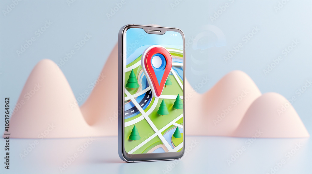 Poster smartphone with map and location marker on display showcasing navigation and travel applications