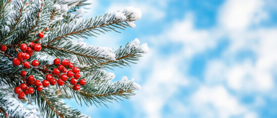 A branch of a tree covered in snow and red berries. The sky is blue and there are clouds in the background
