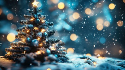 Christmas tree on a snowy night
