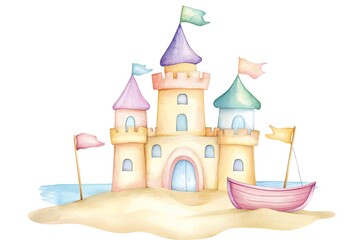 Watercolor Illustration of a Colorful Sandcastle with Boat on Beach