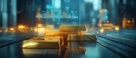 Digital Representation of Wealth: Glimmering Gold Bars with Dynamic Financial Graphs in a Futuristic Urban Setting, Symbolizing Investment and Prosperity.