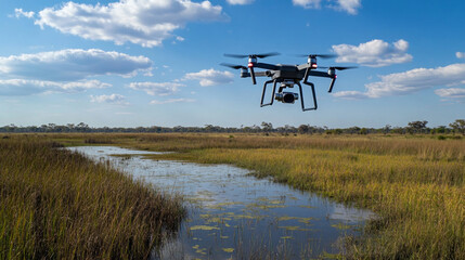 A drone surveys the lush wetlands of a wildlife reserve under a bright blue sky with scattered clouds