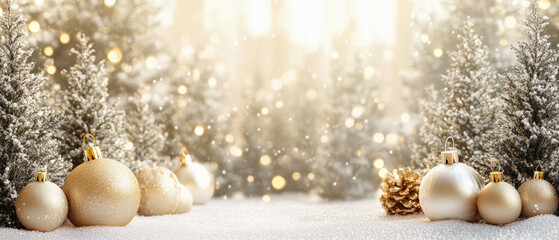 A snowy forest with a bunch of Christmas ornaments scattered around. The ornaments are of different sizes and colors, and they are placed on the snow. The scene gives a festive and joyful mood