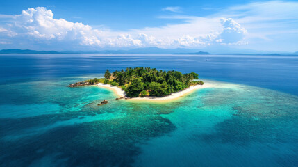 Fototapeta premium Aerial view of a serene tropical island surrounded by clear blue waters and lush greenery beneath a bright sky