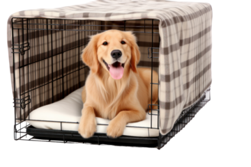 A happy golden retriever exploring a modern, clean dog crate with a plush blanket inside, isolated on white background