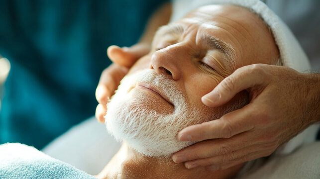 A man enjoys a soothing facial treatment while relaxing at a tranquil spa during a calm afternoon session