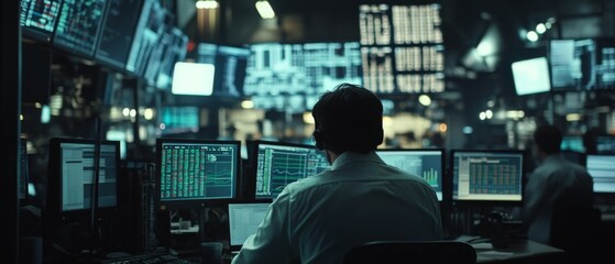 Focused Trader Analyzing Market Trends in High-Tech Trading Floor Surrounded by Multiple Screens Displaying Stock Data and Graphs