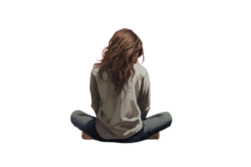 A girl with a sorrowful look sits with her back slightly hunched, her legs stretched out in front of her. Isolated on white background