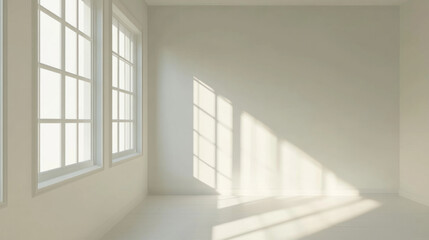 Obraz premium Bright white room with large windows illuminating empty space in the afternoon light, creating a peaceful and serene atmosphere