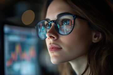 Focused young woman analyzing stock market data through glasses, reflecting graphs and numbers, symbolizing finance, technology, and investment strategies.