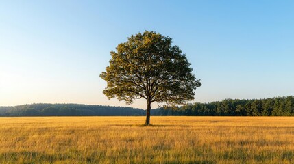 Obraz premium Lonely tree in a golden field under a clear blue sky.