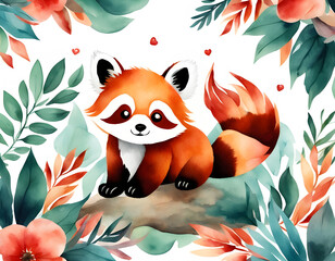 Watercolor red panda forest background