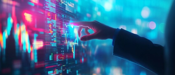 Futuristic Hand Interacting with Digital Stock Market Data Visualization, Analyzing Graphs and Trends in Vibrant Neon Colors for Financial Innovation