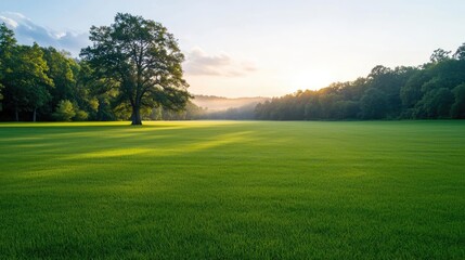 Obraz premium Vibrant green field with a lone tree under a bright blue sky.