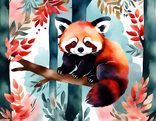 Watercolor red panda forest background