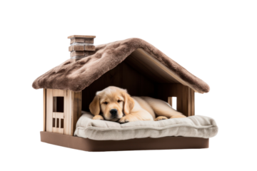 A cozy, newly furnished dog house with a soft bed and chew toys, isolated on white background