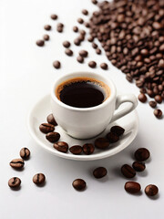 Obraz premium A steaming cup of coffee surrounded by scattered coffee beans.