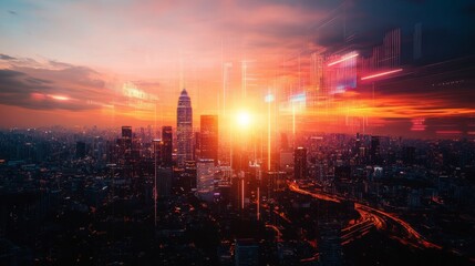 Fototapeta premium Sunset Cityscape with Futuristic Digital Overlay