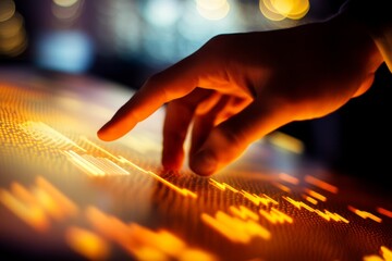 Close-up of a hand interacting with a glowing digital interface displaying data and analytics, symbolizing technology and innovation in finance.
