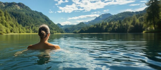 Fototapeta premium Serene woman swimming in tranquil lake surrounded by mountains and trees