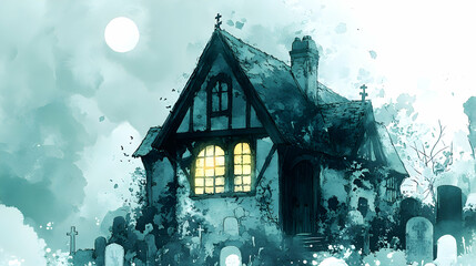 Obraz premium A small cottage with a single lit window stands in a graveyard under a full moon.