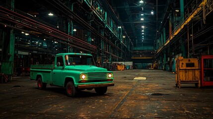 Obraz premium Vintage green truck in a spacious industrial warehouse.