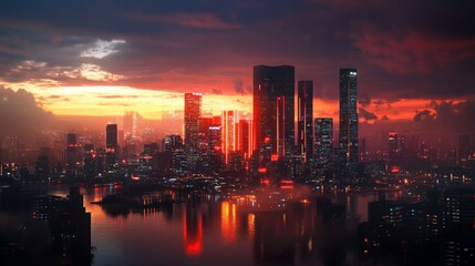 Fototapeta premium Urban Skyline at Sunset with Red Sky and Water Reflection
