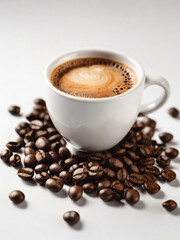 Obraz premium A steaming cup of coffee surrounded by scattered coffee beans.