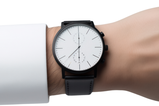 A close-up of a sleek modern watch on a wrist, highlighting the minimalist design and elegance of the timepiece isolated on white background
