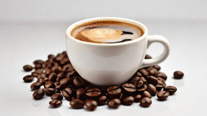 Fototapeta premium A steaming cup of coffee surrounded by scattered coffee beans.