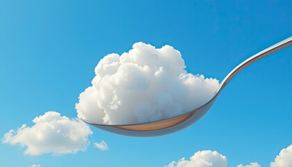 Giant Spoon Scooping Fluffy Clouds from Blue Sky