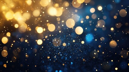 Abstract gold bokeh and sparkle set against a deep blue backdrop