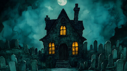 A spooky, gothic-style house with glowing windows sits in a graveyard under a full moon.