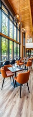 Modern Restaurant Interior with Large Windows and Natural Light.