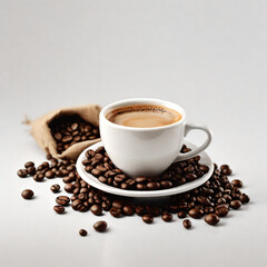 Fototapeta premium A steaming cup of coffee surrounded by scattered coffee beans.