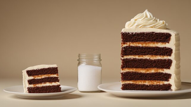 A tempting chocolate cake topped with Oreo cookies sits alongside a slice on a white table with a jar of sugar in a minimalistic setting