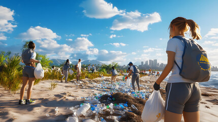 community clean up event on beach, showcasing teamwork and environmental care