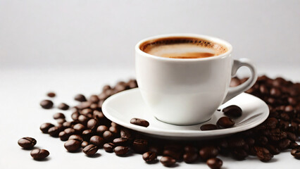 Obraz premium A steaming cup of coffee surrounded by scattered coffee beans.