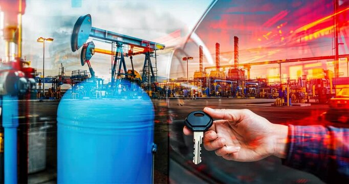 Double exposure of an oil station pump and blue gas tank with a hand holding car keys, highlighting CNG refueling and clean energy, CNG fuel