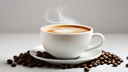 Fototapeta premium A steaming cup of coffee surrounded by scattered coffee beans.