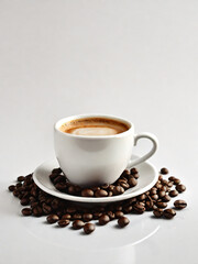 Obraz premium A steaming cup of coffee surrounded by scattered coffee beans.