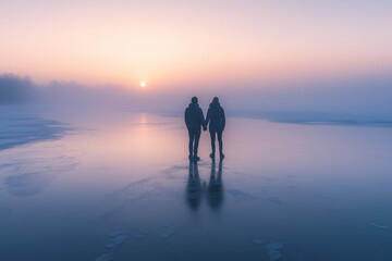 Fototapeta premium A couple standing on a frozen lake holding hands as they look out over the snowy landscape. The soft light of the setting sun reflects off the ice.